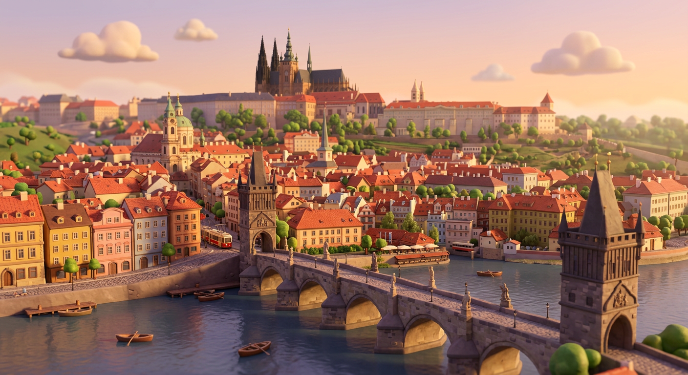 Claywork output: stylized Prague at golden hour with Charles Bridge and Prague Castle rendered in soft clay diorama style
